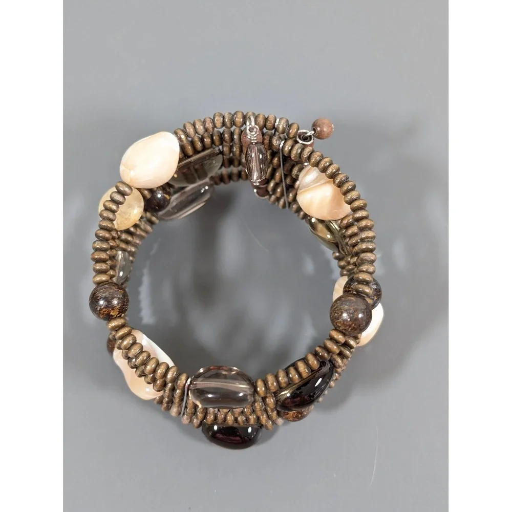 Wide Brown Beaded Cuff Bracelet Wood Shell‎ Glass Flexible Boho